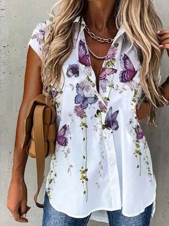 Aflojar Vacación Cuello Camisero Manga Corta Top