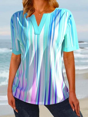 Aflojar Ombre Cuello Pico Manga Corta Top