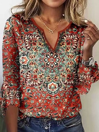 Étnico Flojo Cuello Pico Camiseta