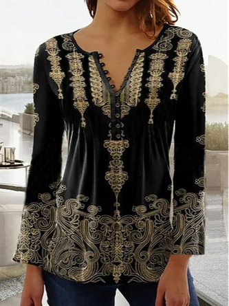 Étnico Cuello Pico Casual Flojo T-Camisa