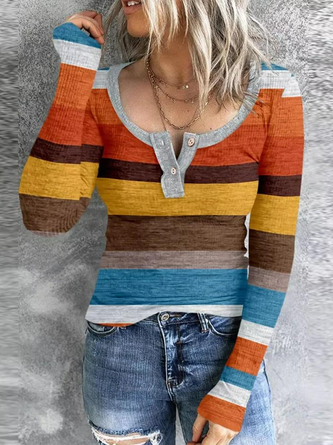 Casual Bloque de color Rayas Botón Frente Manga Larga Top