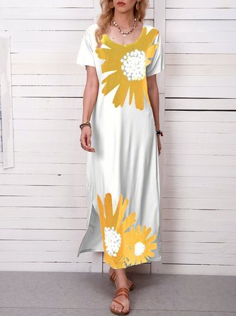 Casual Escote Redondo Manga Corta Margarita Estampado Maxi Vestido