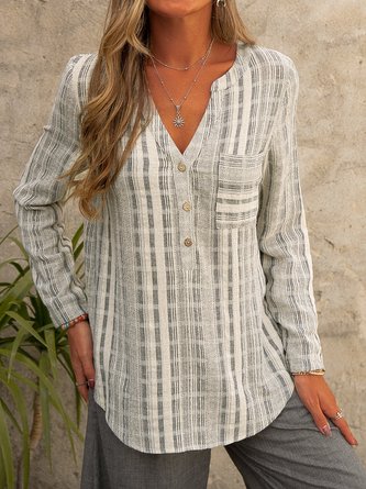 Cuello Pico Raya Algodón Manga Larga Blusa