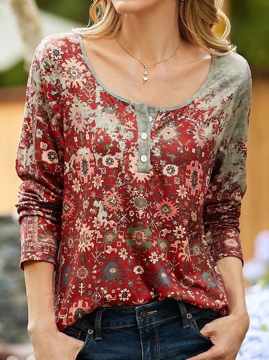 Top Cuello Pico Algodón Mezclado Étnico 
