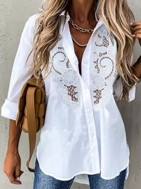 De Encaje Cuello Camisero Casual Blusa