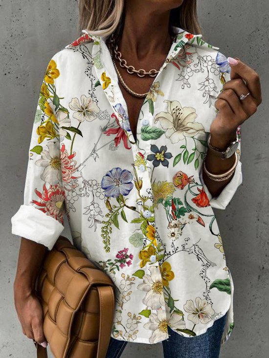 Floral Algodón Mezclas Cuello Camisero Blusa