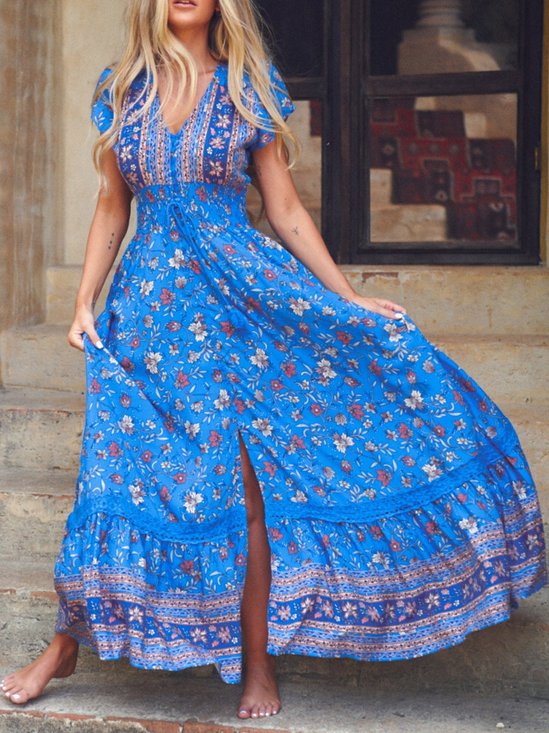 Bohémico Manga Corta Tejido Vestido