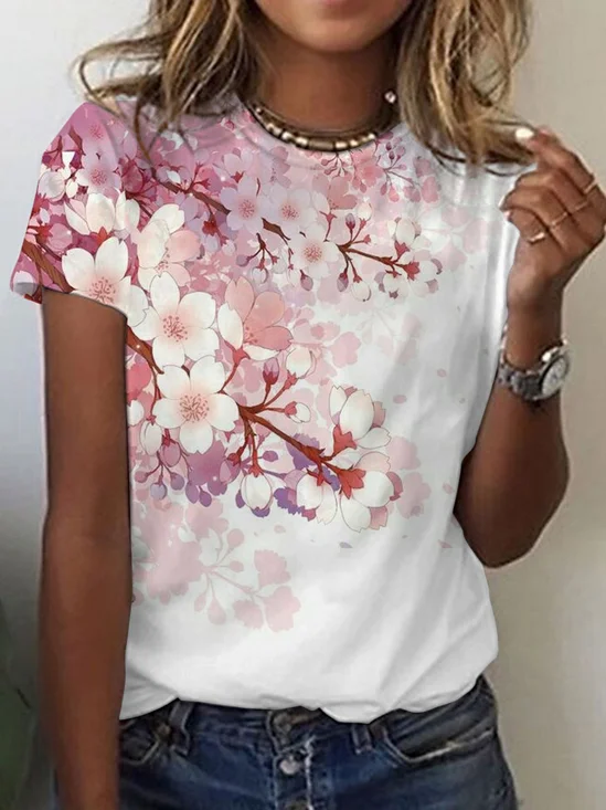 Regular Ajuste Cuello Redondo Floral Manga Corta Camiseta