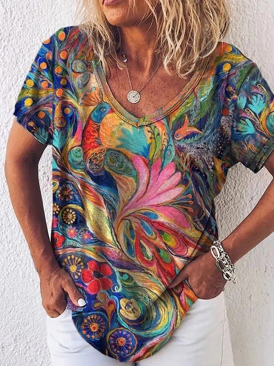 Cuello Pico Recto Casual Manga Corta Camiseta