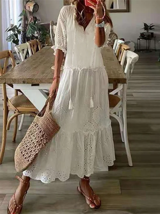 Vestido Cuello Pico Liso Vacación Manga Corta Tejido