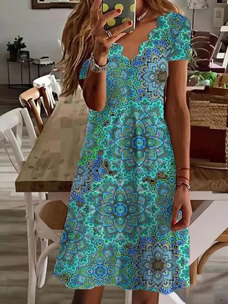 Paisley Cuello Pico Aflojar Manga Corta Tejer Vestido