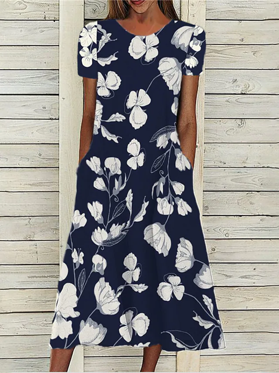 Algodón Mezclas Floral Aflojar Manga Corta Tejido Vestido