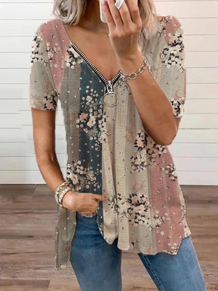 Cuello Pico Floral Aflojar Casual Manga Corta Top