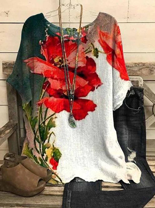 Floral Diseño Casual Flojo Muñeca Manga Escote Redondo Manga Corta Camiseta