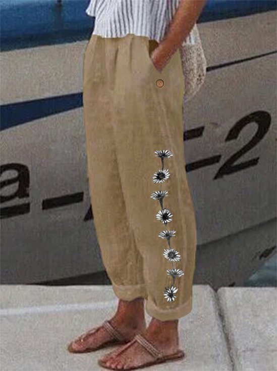 Casual Aflojar Bolsillos Floral Pantalones