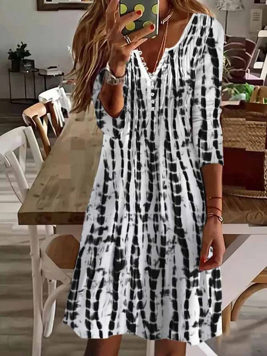 Geométrico Casual Otoño Cuello Pico Regular Ajuste Jersey Midi Camiseta Vestido Regular Vestido para Mujeres