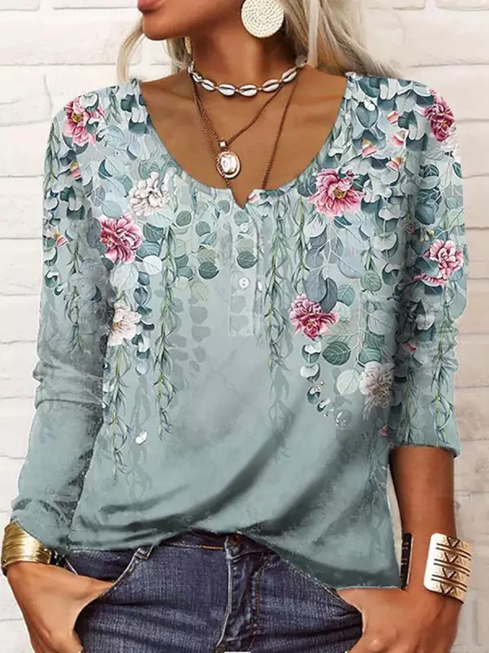 Mujeres Casual Floral Otoño Diario Regular Ajuste Jersey Manga Larga Mellado Regular Top