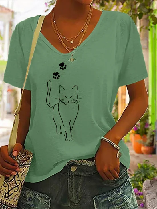 Casual Cuello Pico Algodón Gato Camiseta