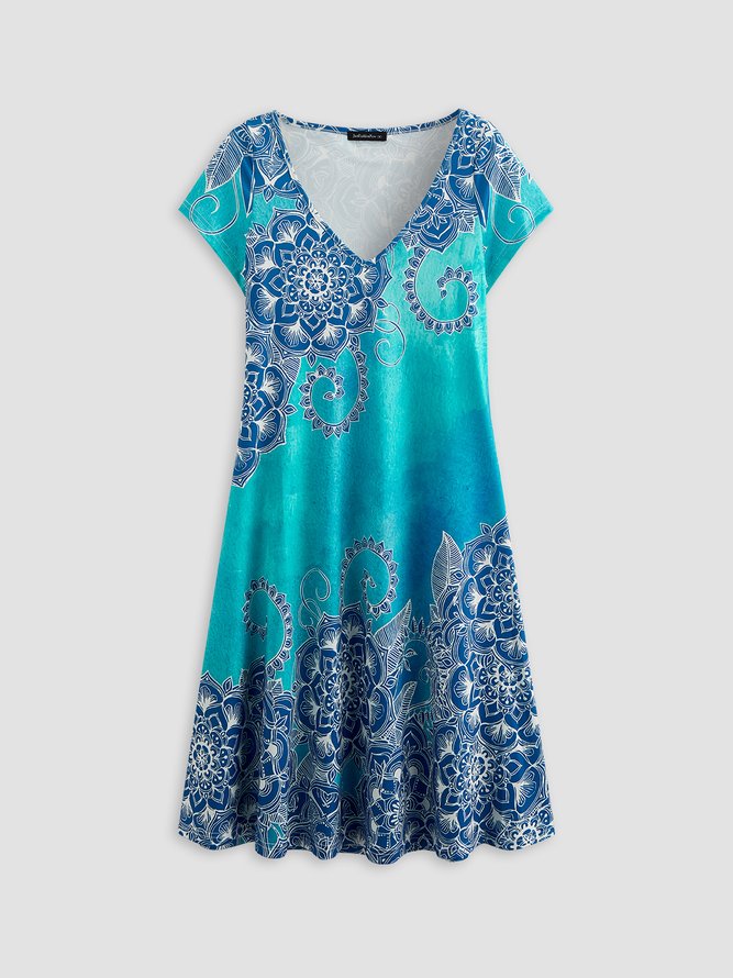 Casual Vacaciones Gradiente Folk Patrón Datura Retro Estampado Flojo Línea A Vestido Talla Grande