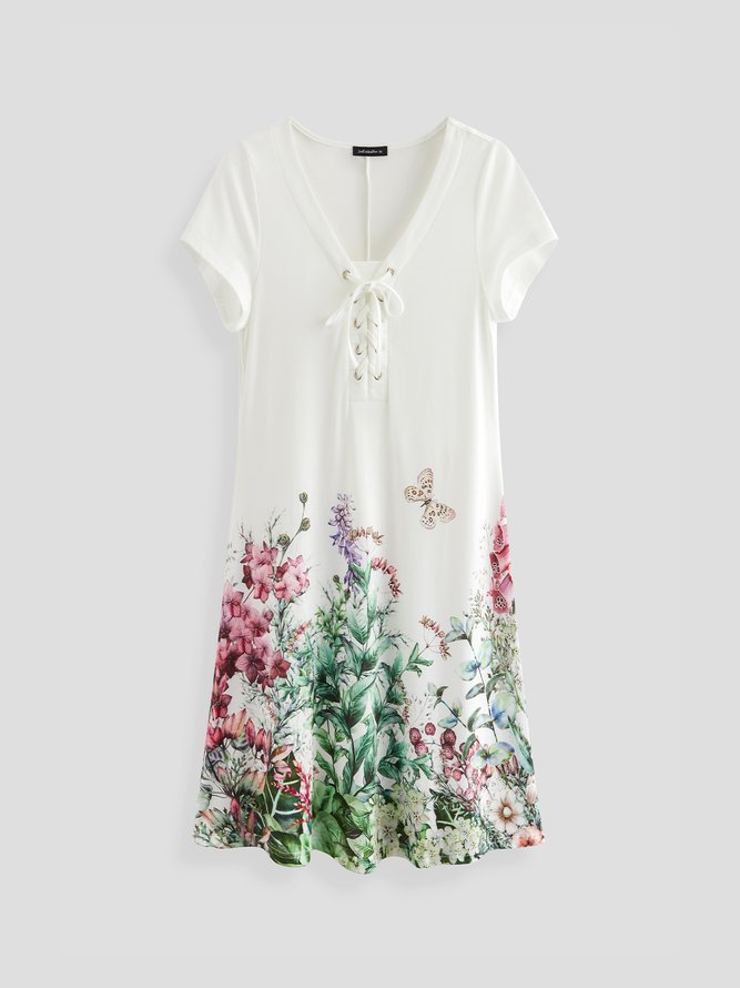 Floral Regular Ajuste Cuello Pico Manga Corta Tejer Vestido