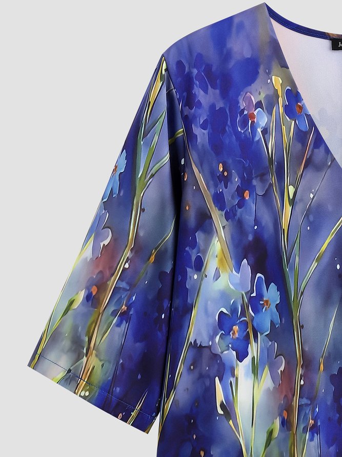 Floral Regular Ajuste Cuello Pico Manga Corta Tejido Vestido
