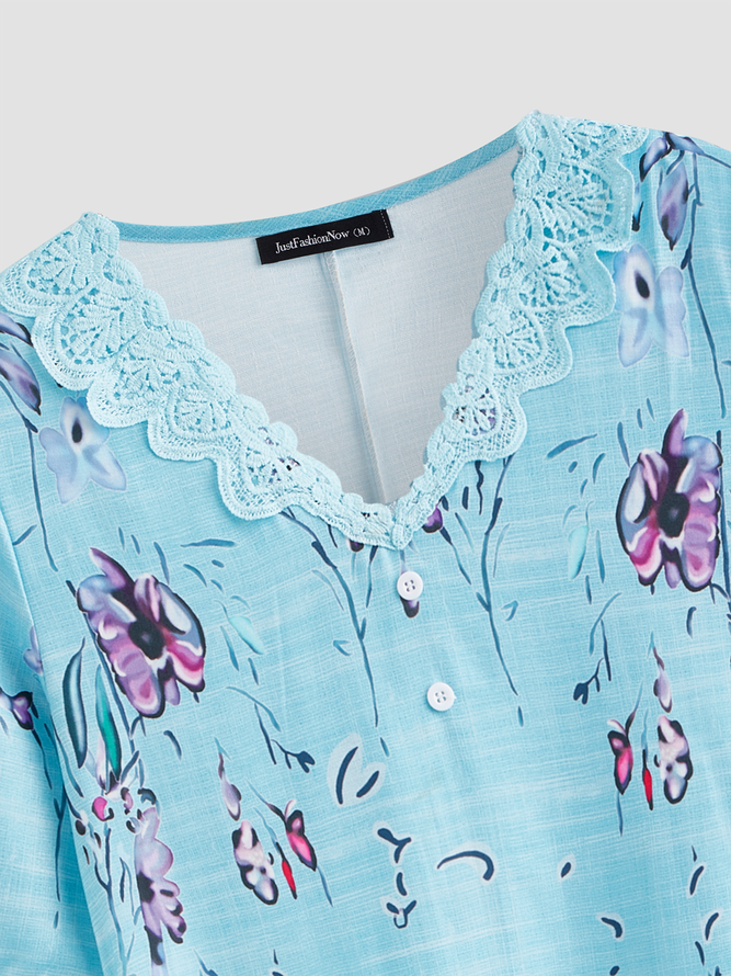 Floral Vacación Regular Ajuste Manga Corta Tejido Vestido