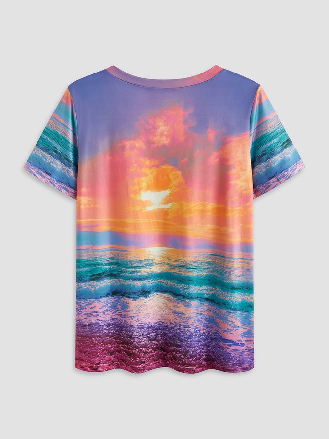 Hermosa Oceano Gráfico Estampado Cuello Pico Camiseta