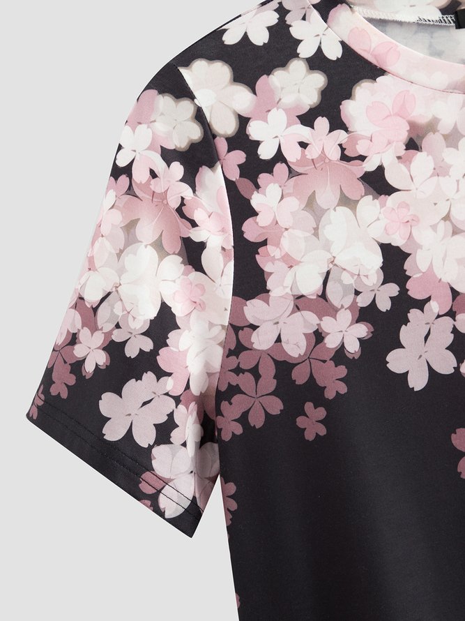 Escote Redondo Floral Algodón Mezclas Manga Corta Camiseta