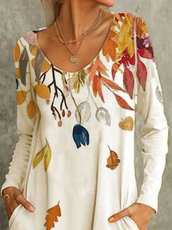 Vestido Casual Algodón Mezclas Escote Redondo Hojas