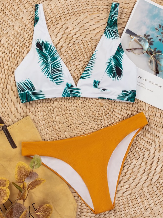 Hoja Estampado Hebilla Triángulo Bikini Talla Grande
