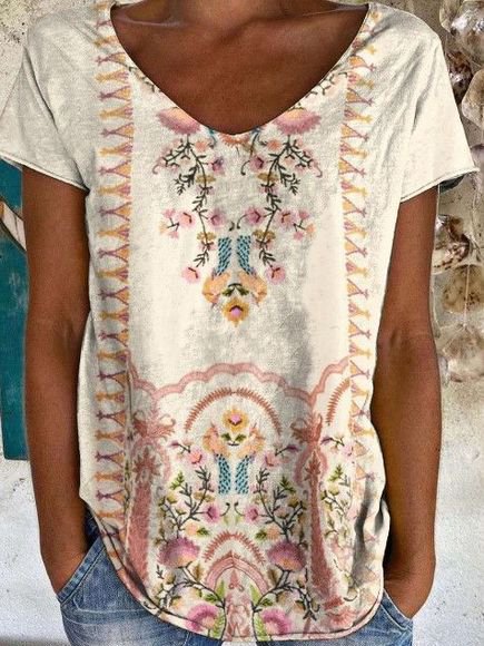 Tribal Cuello Pico Aflojar Manga Corta Camiseta