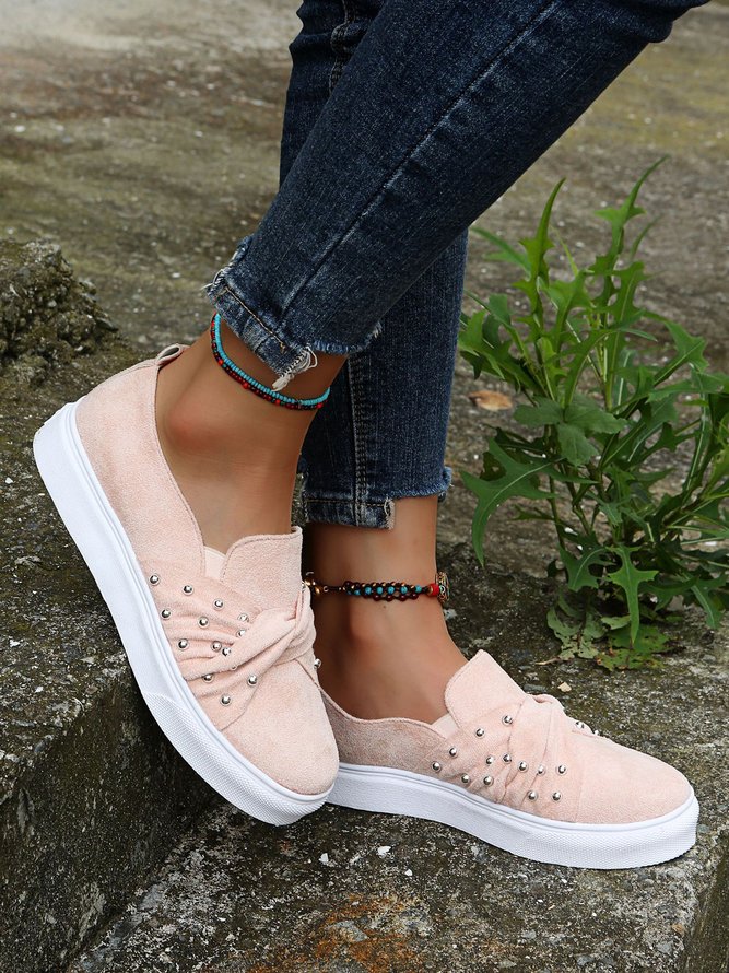 Zapatos Planos De Mujeres Gamuza Con Sarta De Cuentas Con Lazo Mocasines