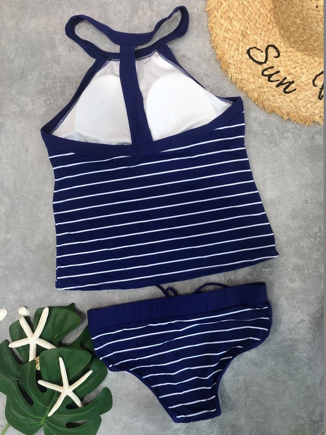 Conservador Rayas Estampado De Espalda Al Aire Tankini Dividido Bañador Talla Grande