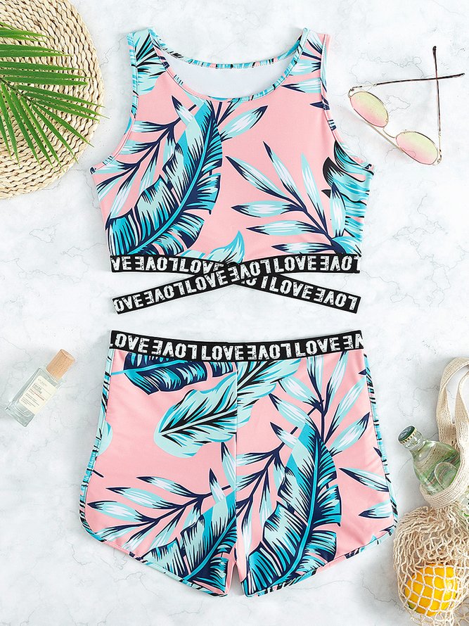 Playa Vacación Deportes Hoja Estampado Dividido Musculosa Top Calzoncillo Bikini Traje
