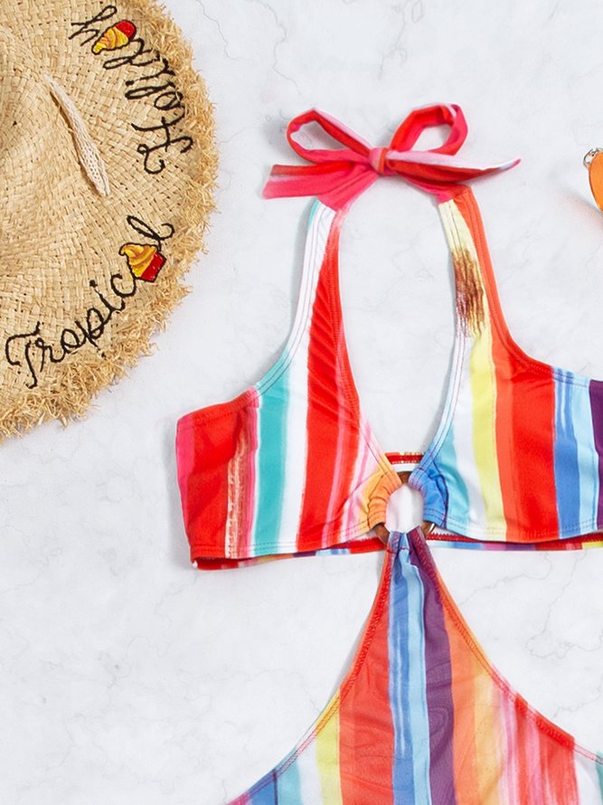 Traje Playa Vacación Sensual Escarpado Arco Iris Rayas Estampado Dividido Ropa De Cubrirse Bikini