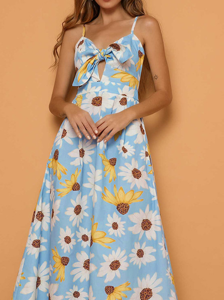 Vacación Floral Playa Regular Ajuste Manga Corta Largo Tejido Vestido