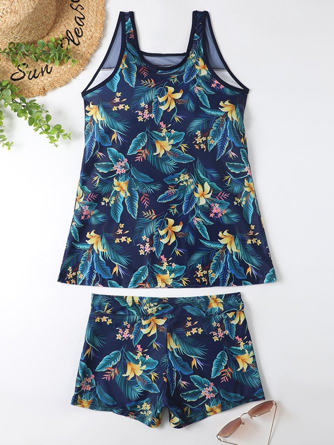 Señoras Sensual Malla Empalme Hoja Estampado Delgado Cuerpo Cubierta Barriga Delgado Tankini