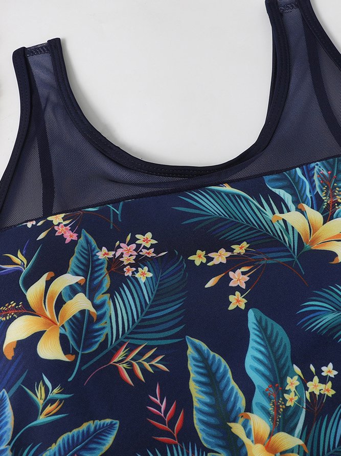 Señoras Sensual Malla Empalme Hoja Estampado Delgado Cuerpo Cubierta Barriga Delgado Tankini