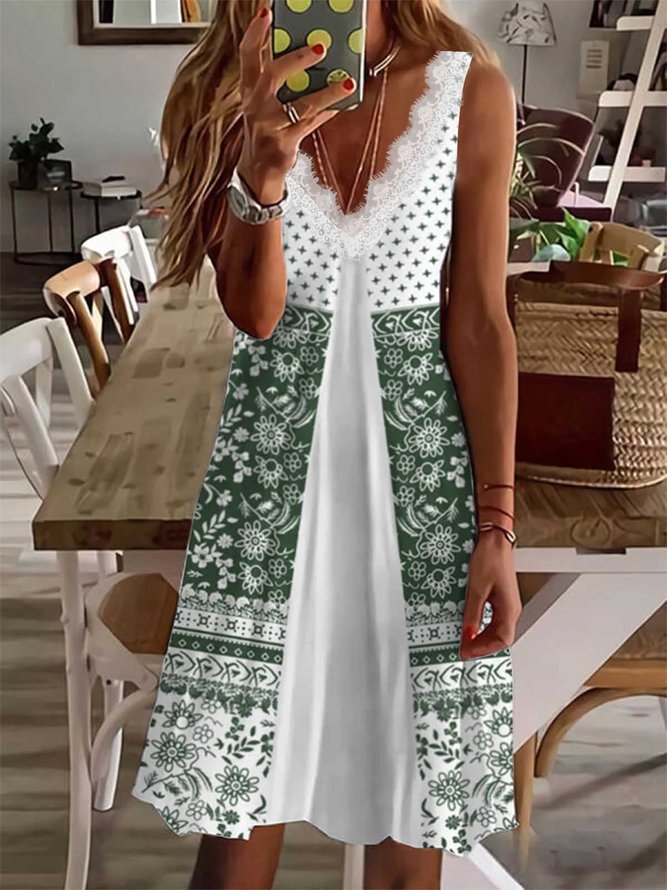 Vacaciones Tribal Sentimientos Folk Personalizado Impresión Geométrica Flojo De Encaje Ejem Vestido Midi Talla Grande