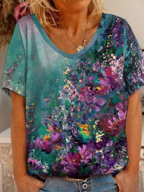 Cuello Pico Casual Flojo Estampado Floral Manga Corta Camiseta