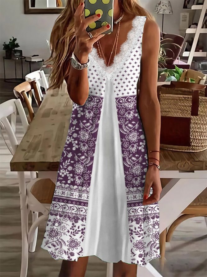 Vacaciones Tribal Sentimientos Folk Personalizado Impresión Geométrica Flojo De Encaje Ejem Vestido Midi Talla Grande