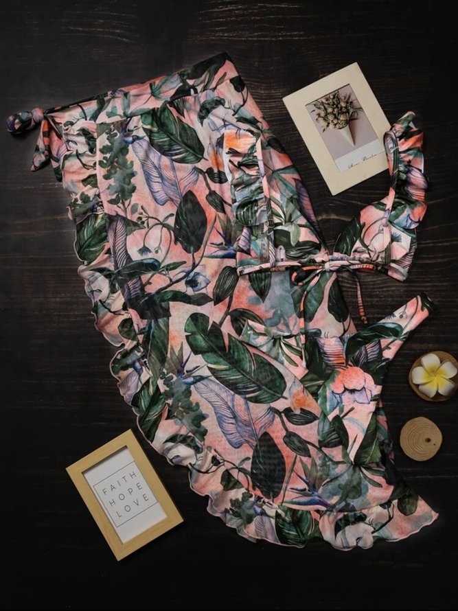 De Mujeres Floral Recogido Correa Malla Bikini Tres Trozo