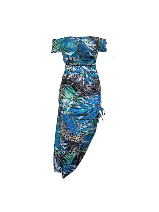 Sensual Con Cordón Estampado Top Hueco Cordón Ajustable Falda Bañador Traje