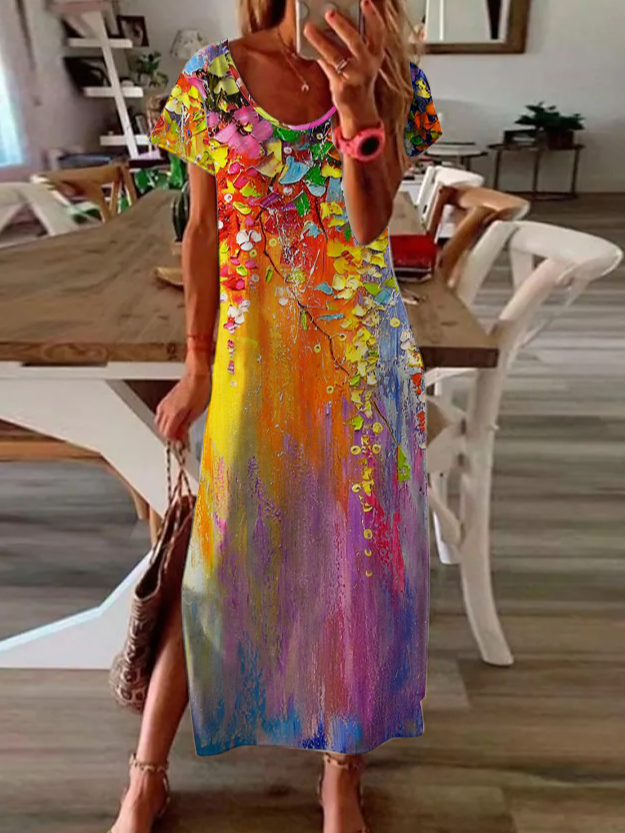 Floral Algodón Mezclas Aflojar Manga Corta Tejer Vestido