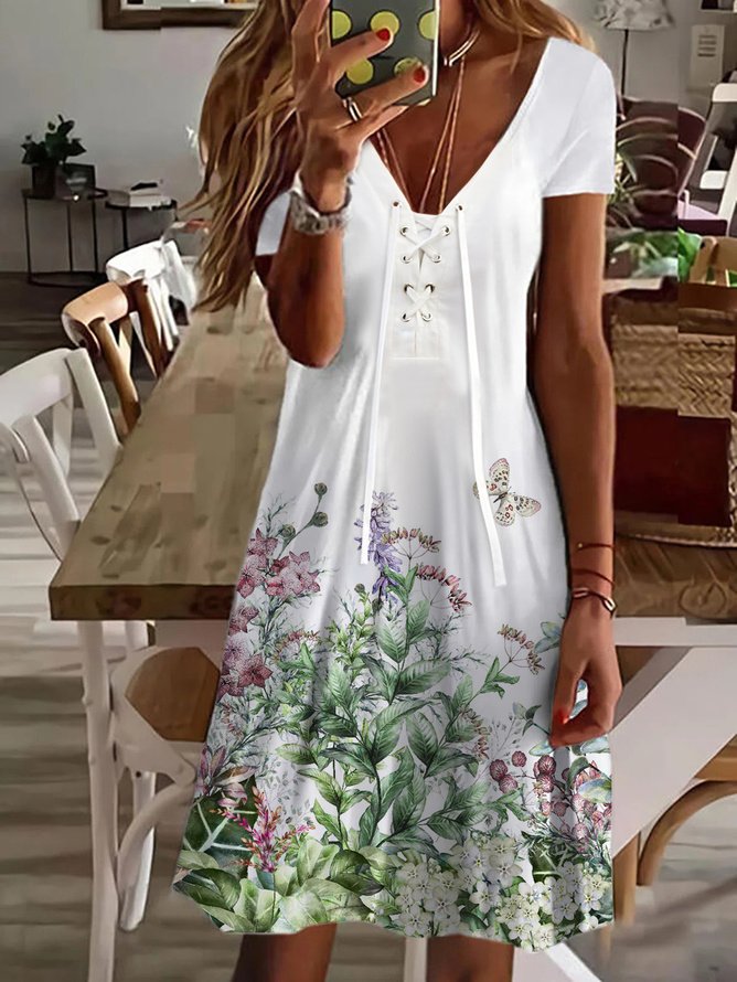 Floral Regular Ajuste Cuello Pico Manga Corta Tejer Vestido