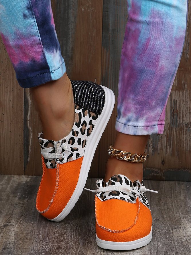 Zapatos Planos Pintado Con Leopardo Naranja Lona Con Cordones
