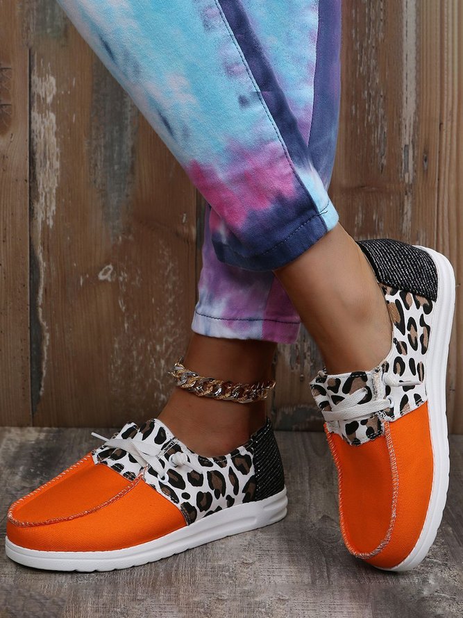 Zapatos Planos Pintado Con Leopardo Naranja Lona Con Cordones