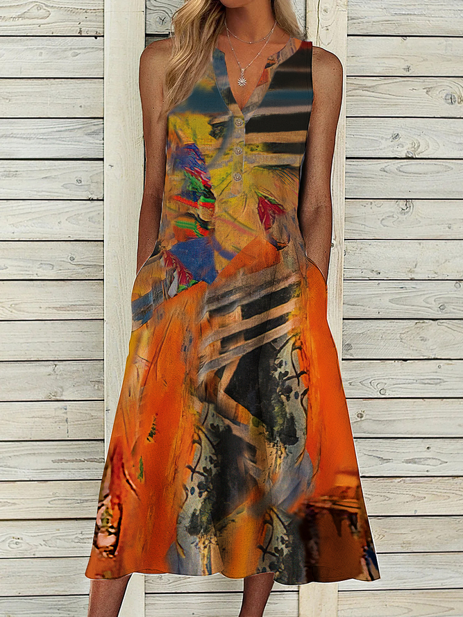 Vestido Bohémico Ombre Aflojar Cuello Pico Sin Mangas Tejido