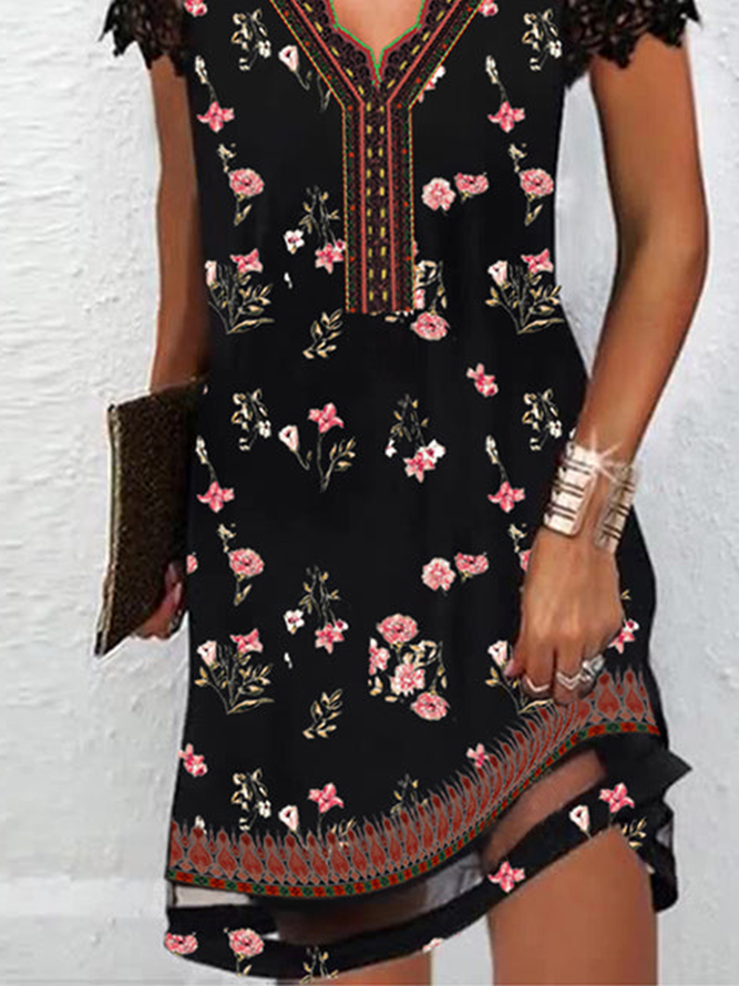 Vestido Cuello Pico Vacación Floral Manga Corta Tejer