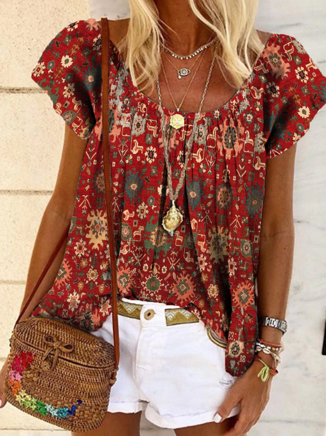 Retro Tribal Patrón Escote Redondo Retro Manga Corta Top